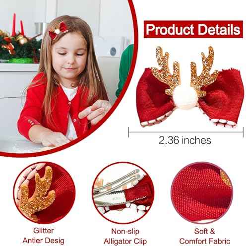 Beleki Christmas Hair Clips for Girls 2PCS Glitter Antler Hair Clip Grosgrain Hair Bows Hairpins Women Hair Accessories Christmas Gift for Girls Kids