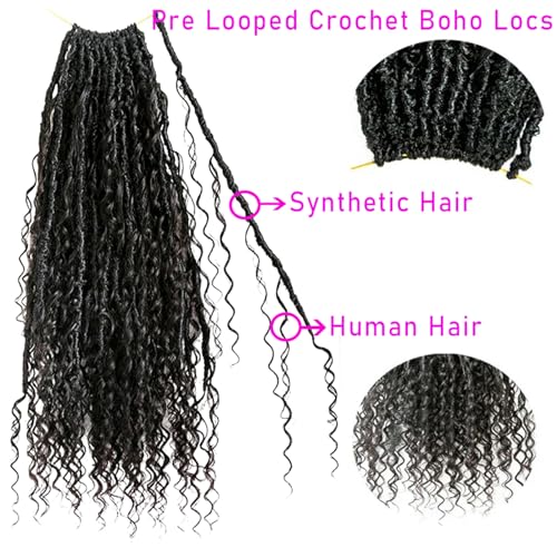 Boho Locs Crochet Braids Pre Looped With Human Hair Extensions Curly Ends Deep Wave Goddess Soft Locs Box Knotless Braids Hair Synthetic Dreadlocks Braiding for Women CHARMING YOU 18 Inch 24Strands