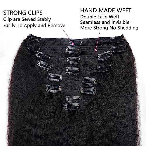 Kinky Straight Clip in Hair Extensions Real Human Hair Clip ins Natural Black Double Weft Clip ins for Women 12 Inch 120g 8pcs Kinky Straight Clip on Extensions Human Hair