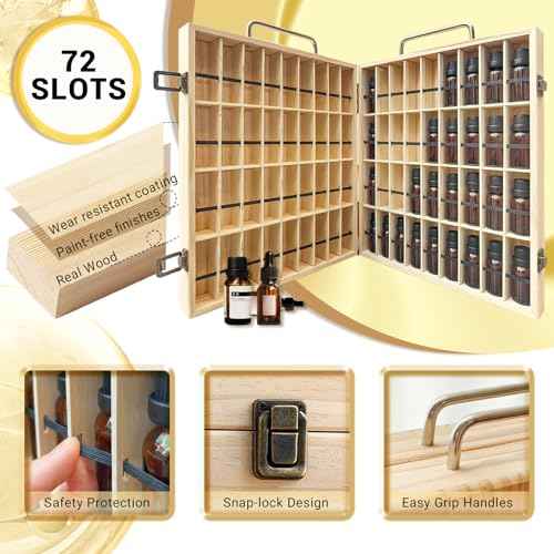 Pure Vie Wooden Essential Oil Storage Box Travel Organizer Case with Bottle Cap Label - Aromatherapy Nail Polish Fragrance Container, Holds 72 Bottle for 5-15ml - Keep Scented Oil Safe & Space Saver