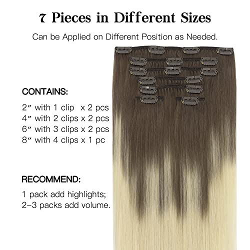 HOTBANANA Human Hair Clip in Hair Extensions, 9/60 Ash Brown to Platinum Blonde 120g Clip in Hair Extensions Real Human Hair Straight Remy Hair Clip in Hair Extensions 16 Inch 7pcs