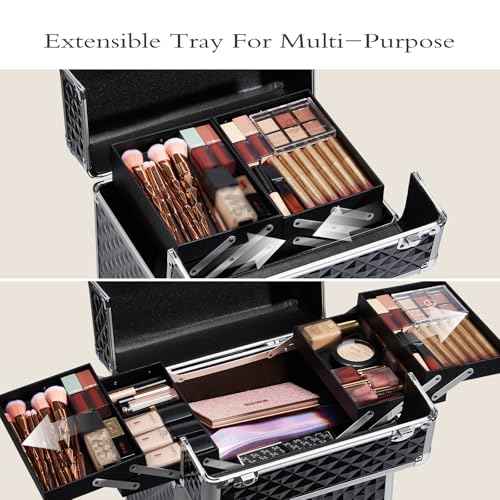 Rolling Makeup Train Case Large Cosmetic Trolley Organized Aluminum Barber Case for Hairstylist Makeup Nail Tech Salon with Keys Swivel Wheels Traveling Cart Trunk - Black