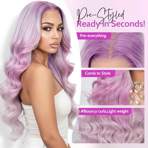 Pink and Purple Ombre Lace Front Wig, 13x6 Glueless Body Wave Human Hair Wig with HD Transparent Lace, Pre Plucked & Baby Hair
