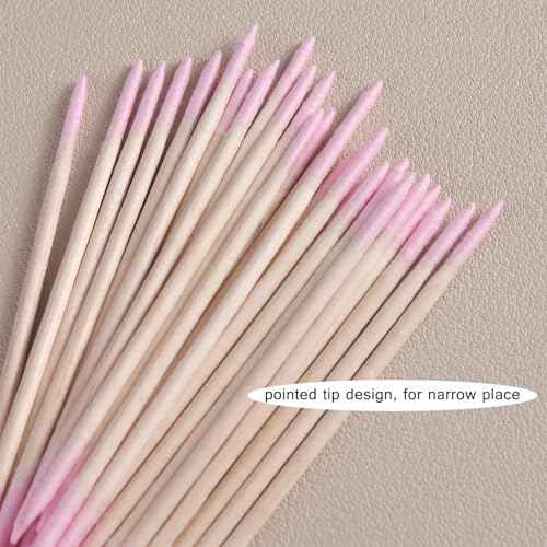 200pcs Pointed Tip Cotton Swabs, Pink Double-head Precision Microblading Cotton Swabs with Wooden Sticks Nail Polish Remover Pen Touch Up Disposable Makeup Applicators Beauty Tools
