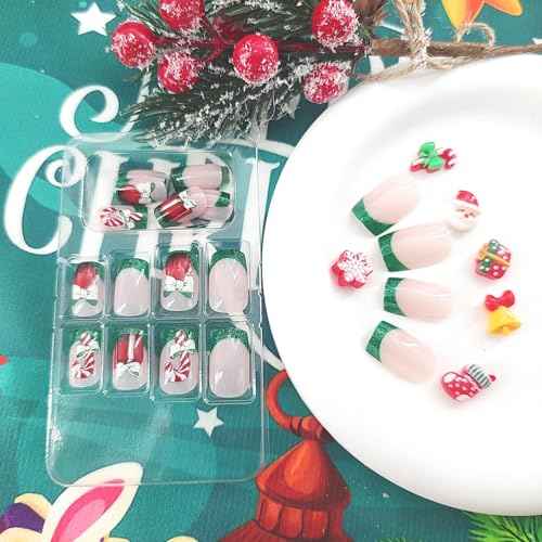 Christmas Press on Nails Square Green French Tip Fake Nails Mdeium with Candy Canes Gift Box Bow Design Nails Press on Glitter False Nails Xmas Glue on Nails Artificial Christmas Nails for Girls 24Pcs