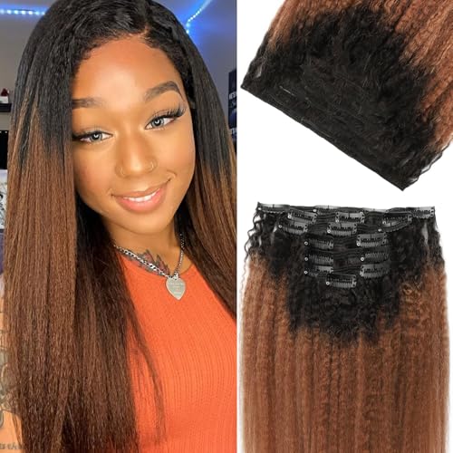 Kinky Straight Ombre Clip in Hair Extensions Real Human Hair Natural Black to Medium Auburn Kinky Straight Clip ins for Black Women Double Weft Hair Extensions 7Pcs 120g 18 Inch 1BT30