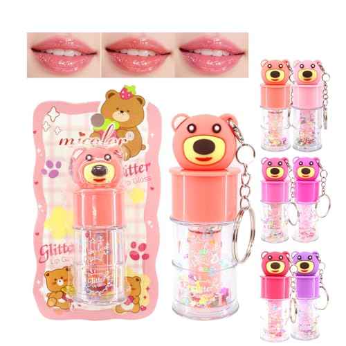 6 Pcs Hydrating Lip Gloss Set, Shimmer Glossy Moisturizing Lip Jelly Sequins and Sparkles Lip Make-Up for Kids and Teens Party Gift Cute Bear Keychain Design