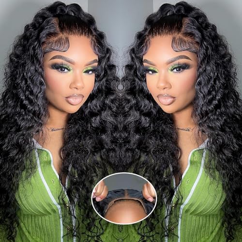 24 Inch Water Wave Lace Front Wigs Human Hair Wigs for Black Women 180% Density 5x5 HD Lace Front Glueless Wigs Human Hair Pre Plucked with Baby Hair Deep Curly Lace Frontal Human Hair Wig