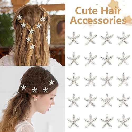 YISSION Starfish Hair Clip, 20Pcs White Rhinestone Hair Pins for Girls Women, Small Decorative Hair Clips, Wedding Hair Barrettes, Bridal Hair Accessories, Beach Wedding Party