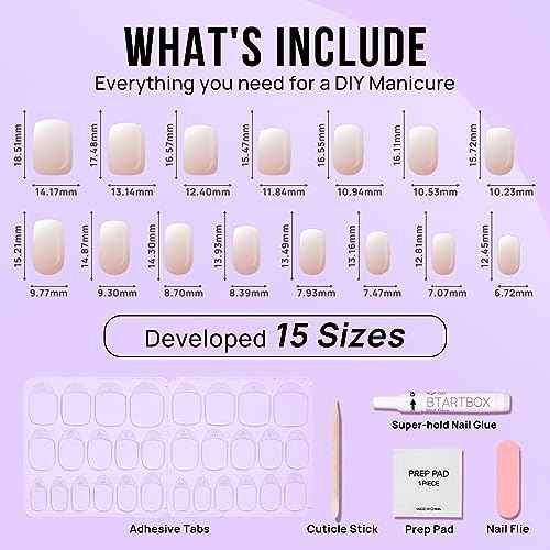 BTArtbox Square Ombre Press On Nails -Soft Gel Press On Nails Short with Nail Glue, 15 Sizes - 30 Reusable Fake Nails Kit, Vanilla Cream