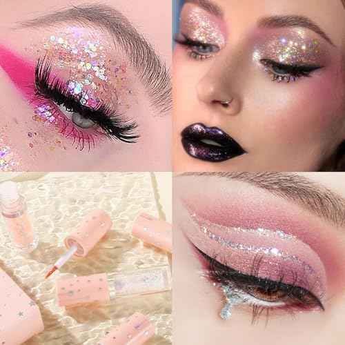 BONNIE CHOICE 6Pcs Liquid Glitter Eyeshadow Eyeliner, Korean Makeup Glitter Shinning Eye Liner Long Lasting Quick Drying Pigmented Loose Bling Under Eye Shadow Makeup Christmas Day Gifts for Women