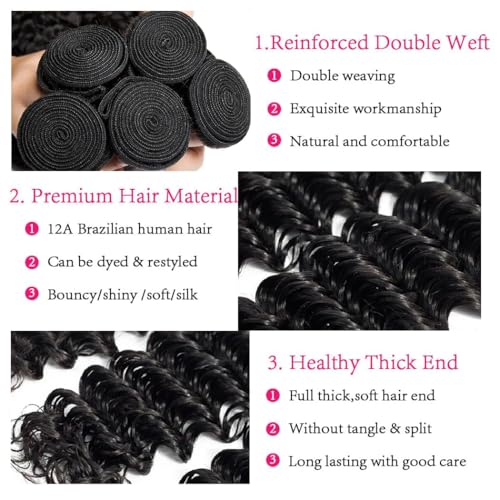Human Hair Bundles Deep Wave 3 Bundles (14 16 18inches) 12A Grade Brazilian Virgin 100% Unprocessed Human Hair Deep Wavy Bundles Natural Black Raw Hair