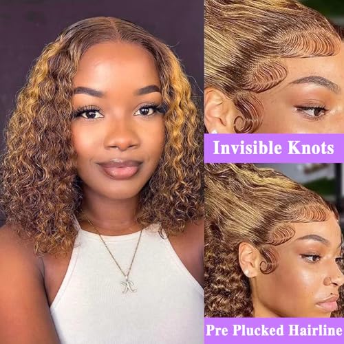 14 Inch Bob Wig Human Hair Highlight Ombre 13x6 lace front wig human hair 200% Density Real Human Hair Pre Plucked Deep Curly Short Bob Wigs for Women 4/27