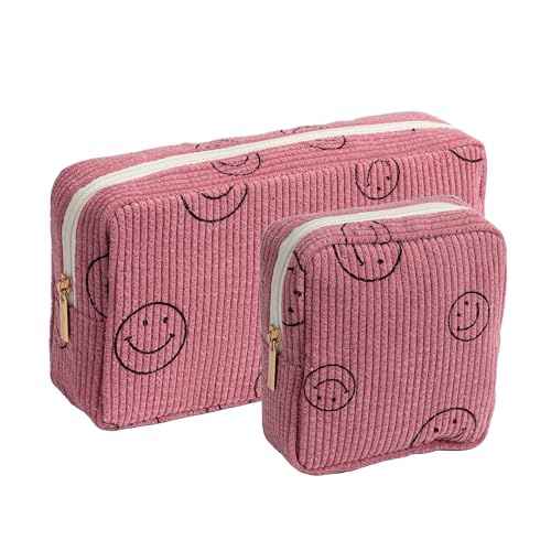 Makeup Bag Purse Cosmetics Bags Corduroy Cute Cosmetic Pouch Handbags Purses Makeup Organizer Storage for Women (2 Pack Pink)