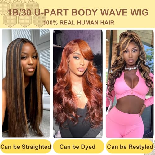 U Part Human Hair Wig Body Wave1B/30 U Part Wig Human Hair for Black Women Glueless Wigs Natural Hair Wig Beginner Friendly Middle Part 180% Density 20inch