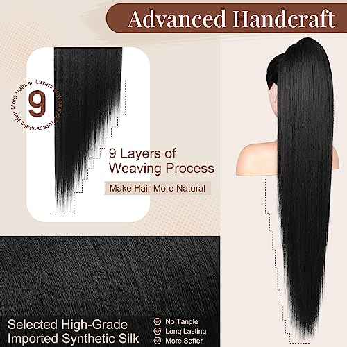 FLUFYMOOZ ponytail extension, 36 Inch Long Straight Drawstring Ponytail Synthetic Hairpieces Fake Pony Tails Natural Soft Clip in Hair Extension ponytail for Women (Jet Black)
