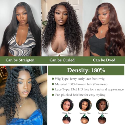 13x6 Curly Wave Lace Front Wigs Human Hair 180% Density 24 Inch Jerry Curly Human Hair Wig for Women Deep Wave Lace Frontal Wigs Pre Plucked Natural Black