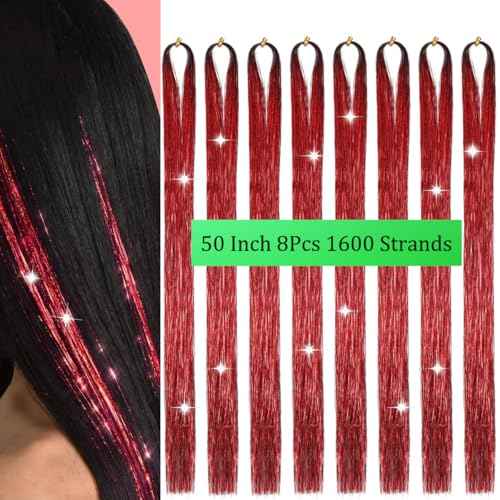 Hair Tinsel 8 Packs 1600 Strands 50 Inch Tinsel Hair Extensions Red Heat Resistant Glitter Sparkling Shinny Fairy Hair Accessories for Women and Girls(Red, 50Inch)