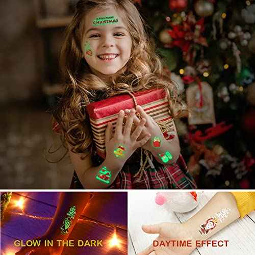 10 Sheets 105PCS Christmas Temporary Tattoos for Kids Glow in the Dark Tattoos for Boys Girls Christmas Decorations Face Makeup Tattoos Stickers, Holiday Party Supplies