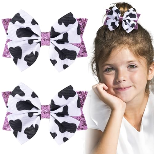 Cow Print Hair Bow Clips,2PCS Bow Hair Clips with Pink Grosgrain Ribbon,Cute Cow Print Clips Hair Accessories for Children Girls Birthday Party Decorat