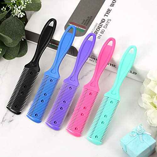 Boao 5 Pieces Dual-Sided Cutting Scissors, 20 Razors, and Thinning Comb with Double Edge for Precise Slim Haircuts (5 Colors)