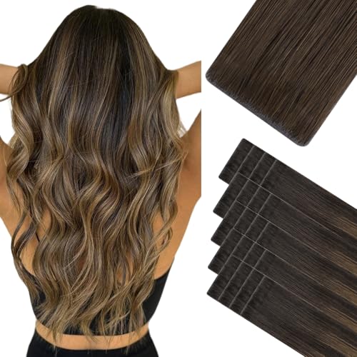 HOTBANANA Invisi Edge Tape in Hair Extensions Human Hair, 18inch 50g 20pcs Balayage Dark Brown Mixed Chestnut Brown Invisible Tape in Extensions Straight Seamless Real Remy Hair Injected