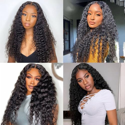 Deep Wave Bundles Human Hair 3 Bundles 12A Brazilian Virgin Human Hair Deep Curly Wave Extensions 100% Unprocessed Human Hair Weave Bundles Natural Black Color 12 14 16 Inch