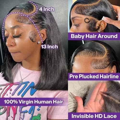 Bob Wig Human Hair 13x4 HD Lace Frontal Short Straight Lace Front Bob Wigs for Black Women Human Hair Pre Plucked Glueless Side Part 180% Density Black Color 14 Inch