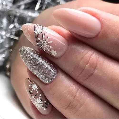 Christmas Press on Nails Medium Fake Nails Almond Acrylic Glue on Nails Snowflake Glossy False Nails Artificial Stick on Nails for Women 24Pcs