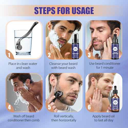 Beard Gift Kit - Oil,Wash,Conditioner, Roller (Needle Length: 0.25mm) for Beard, Storage Bag,Mustache Gifts Set for Boyfriend Husband Fathers Dad Men Him