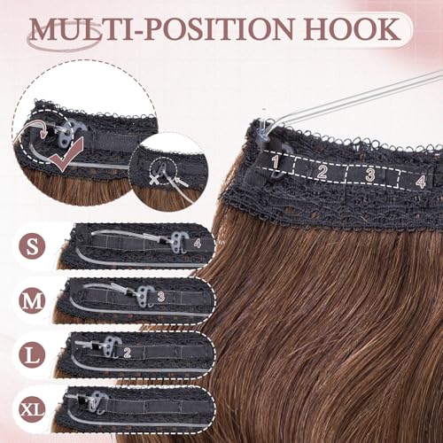 Halo Hair Extensions Real Human Hair Wavy Invisible Wire Hairpiece Adjustable One Piece With 2 Secure Clips For Women to Add Length,16 Inch 04 Chocolate Brown,65g