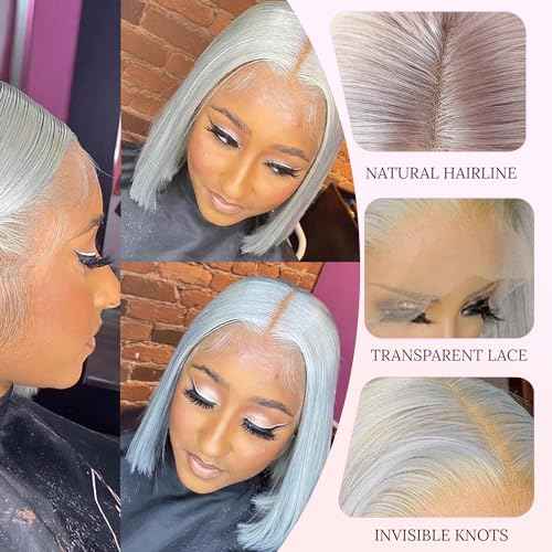 Grey Bob Wigs Human Hair 13¡¿4 Grey Lace Front Wigs Human Hair HD Lace Frontal Wigs 180 Density Grey Human Hair Bob Wigs for Black Women 12 Inch