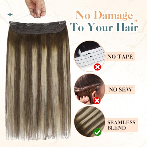 Sindra Wire Hair Extensions Real Human Hair 18Inch 85g Balayage Medium Brown Mix Caramel Blonde Fishing Line Extensions With Adjustable Clips Wire18#4/27/4