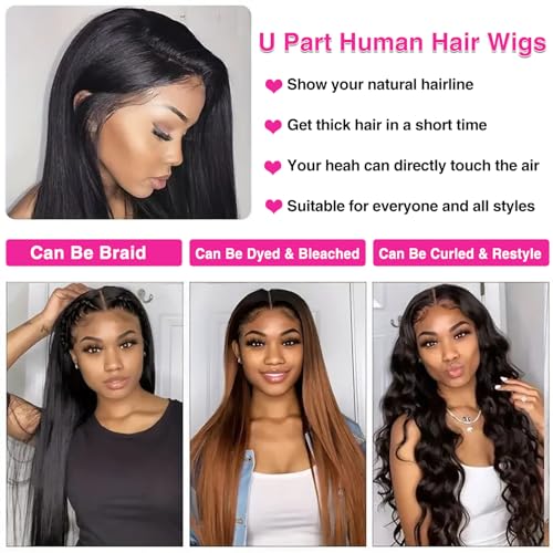 200% Density U Part Human Hair Wigs, Upgrade U Part Wigs With Drawstring No Glues Straight Human Hair Full Head Clip In Half U Shape Wigs For Women, Beginner Friendly,Natural Black Color(16 inch)