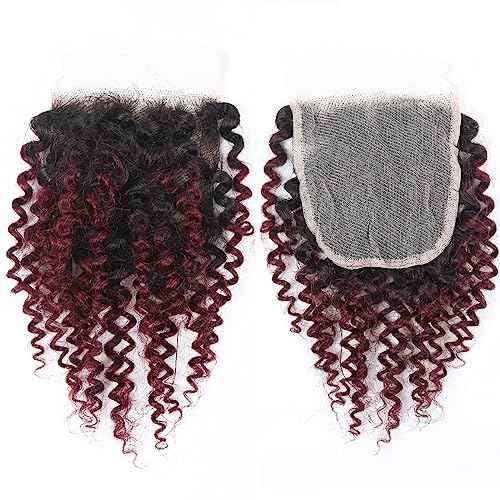 1b/99j Curly Human Hair Bundles and Closure(10 10 10+10) Kinky Curly Bundles Human Hair Brazilian Virgin Ombre 99j Burgundy Red Human Hair 3 Bundles with 4x4 Closure 50 Gram/Bundle