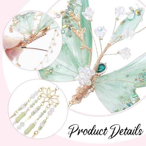 FRESHME Butterfly Hair Clip for Women - 1 Pc Green Fairy Hair Accessories with Tassel Butterfly Wings Elf Claw Clips Elven Hair Clamps for Photoshoot Prom Renfaire Fantasy Costume Cosplay