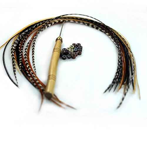 Feather Hair Extension ? Grizzly and Solid Colored Feathers, All Individual Feathers, Ranging From 8 to 11 Inches in Length, With a Total of 20 Real Feathers, Includes Beads and Loop Tool Kit