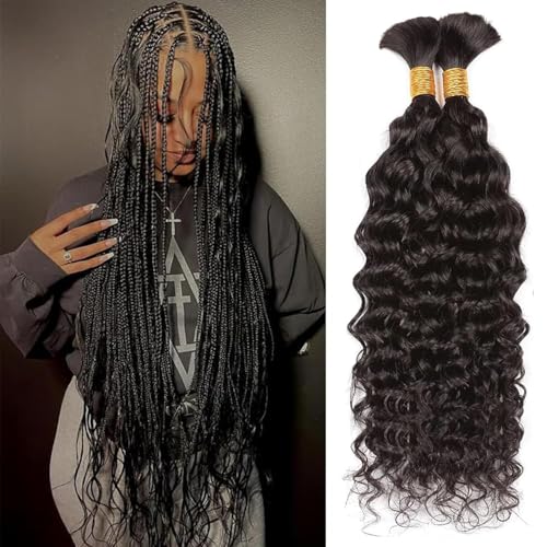 Human Braiding Hair for Boho Braids 100g Curly Boho Hair for Braiding Knotless 12A Wet and Wavy Bulk Bohemian 2 Bundles/Pack Deep Wave 100% Human Hair Extensions Natural Color 24 Inch