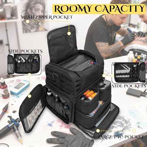 Tactical Tattoo Travel Case with 3 Inner Removable Pouches, Molle System Tattoo Bag for Equipment and Supplies, Tattoo Case with Shoulder Strap for Stencil Printer, Black