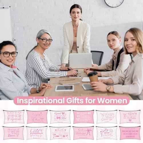 Geelin 24 Pcs Pink Bow Christian Gifts Bulk for Women 12 Coquette Bow Knot Religious Canvas Makeup Bags 12 Bible Verse Compact Mirrors Inspirational Church Party Gifts for Women Mother Sister
