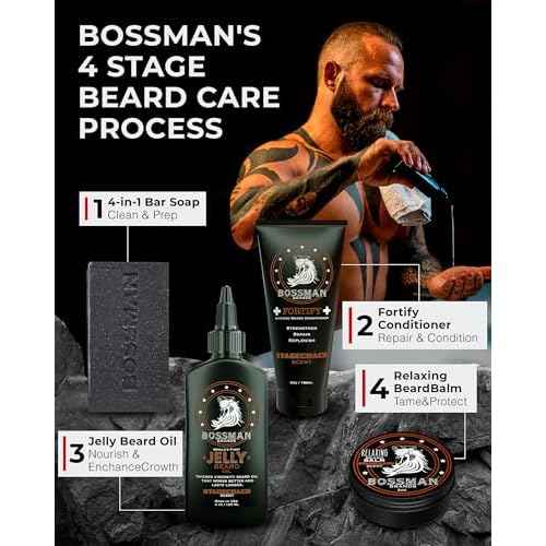 Bossman Complete Beard Kit ? Men's Beard Oil Jelly, Fortifying Shower Conditioner, Balm, Mustache Wax & Comb ? Beard Softener & Grooming Care ? Men Gift Set (Magic Scent)