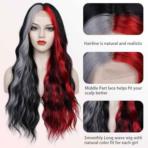 WECAN Black Red Gray Wig 28 Inches Long Black Red Wavy Wigs For Women Synthetic Hair Replacement Wigs Halloween Cosplay Daily Party Heat-Resistant Fiber Wig £¨black/red/gray£©