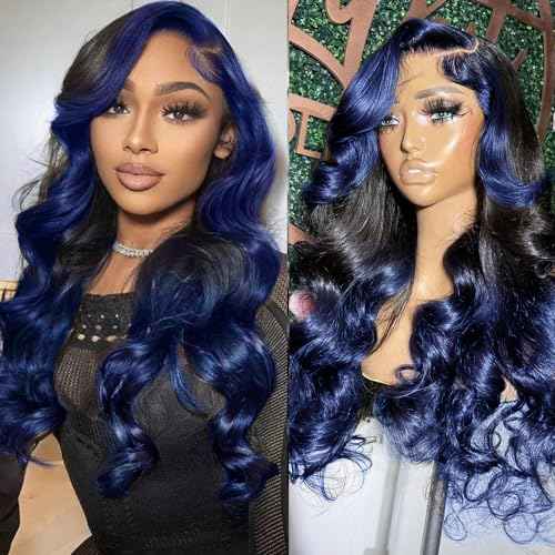 YMS Ombre Blue Wigs Human Hair 13x4 HD Lace Front Wig Pre Plucked With Baby Hair 180% Density Dark Blue 16Inch Colored Skunk Stripe Glueless Lace Frontal Wigs for Women