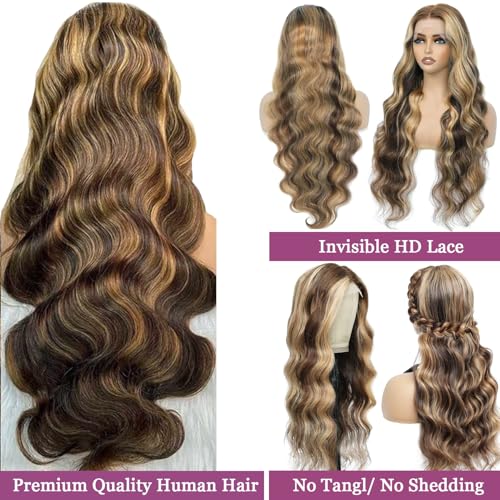 Ombre Balayage Honey Blonde Highlight Wig Human Hair, Body Wave 13x6 Lace Front Wigs Human Hair 24 Inch Brown to Blonde Highlights Glueless Lace Front Wigs Pre Plucked Human Hair Wigs for Women