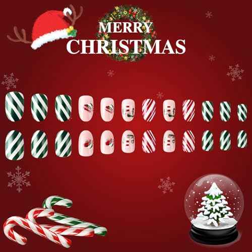 Christmas Press on Nails Short Oval Fake Nail With Christmas Hat Designs Red Green Stripe Full Cover False Nails Xmas Glue on Nail Acrylic Winter Artificial Stick on Nail for Women 24 Pcs