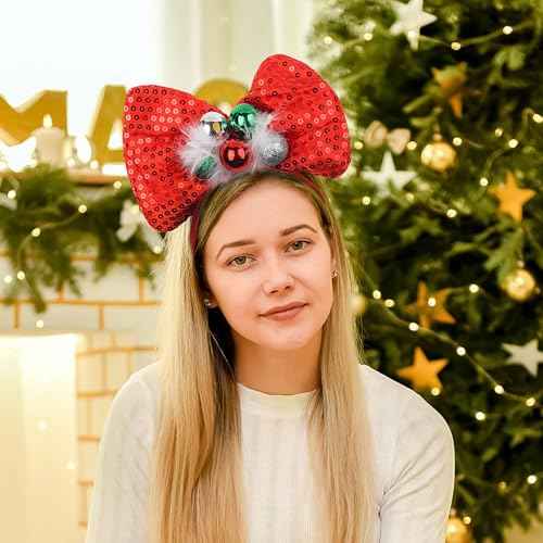 Doneace Christmas Bow Headband Red Sequins Hair Bands Glitter Green Bell Bowknot Headdress Design Christmas Hair Accessories for Women Girls Xmas New Years Festival Holiday Party Supplies