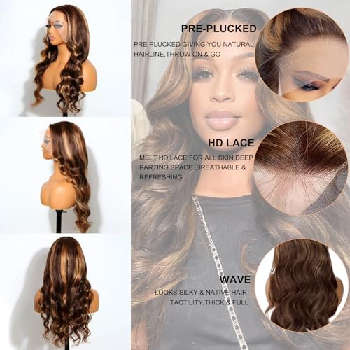 Highlight Lace Front Wig Human Hair 13x6 HD Transparent Straight Lace Front Wigs Human Hair Pre Plucked 180% Density 4/27 Colored Honey Blonde Wig for Women 22Inch