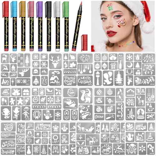 Christmas Temporary Tattoo Markers for Skin, 8 metallic Body Markers + 155 Temporary Tattoo Stencil Stickers, Face Body Paint Kit for Kids and Adults, X-Mas Party Gift