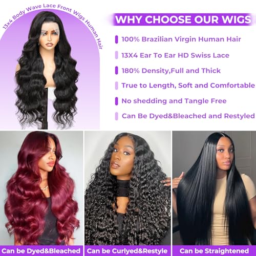 Body Wave Lace Front Wigs Human Hair 13x4 HD Lace Frontal Body Wave Human Hair Wig for Women 180% Density Brazilian Virgin Hair Pre Plucked Glueless Body Wave Wig Natural Black 22inch