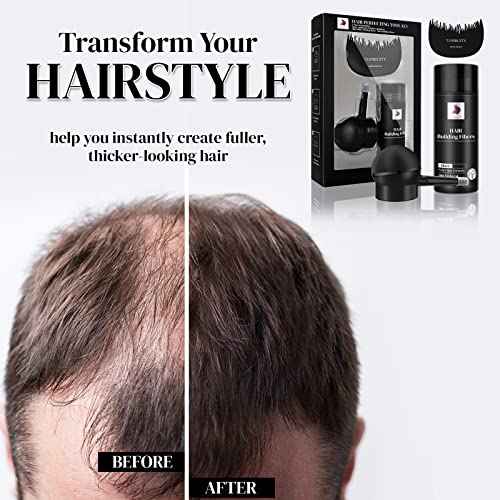 Hair Thickening Fibers & Applicator Set - Natural Long-Lasting Concealer for Fuller Hair, Thicker Beard & Crisp Hairlines (BLACK)